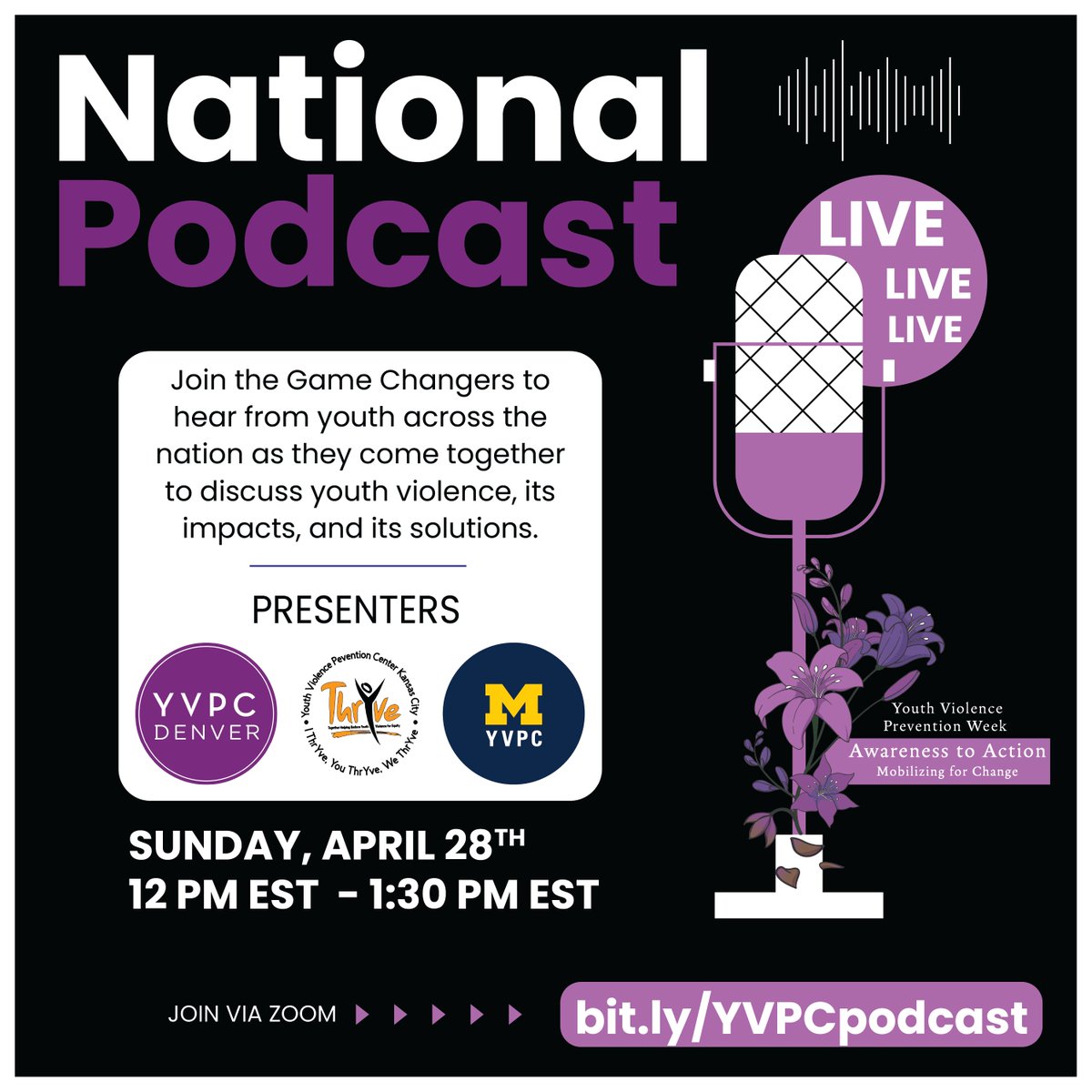 Michigan YVPC (@michiganyvpc) on Twitter photo We're teaming up with the YVPC Network for a youth-led podcast on violence prevention. Tune in on Sunday, April 28 from 12 - 1:30 pm to hear youth leaders discuss root causes of gun violence, support for grieving peers, and their efforts to spread peace.
bit.ly/VYPCpodcast We're teaming up with the YVPC Network for a youth-led podcast on violence prevention. Tune in on Sunday, April 28 from 12 - 1:30 pm to hear youth leaders discuss root causes of gun violence, support for grieving peers, and their efforts to spread peace.
bit.ly/VYPCpodcast