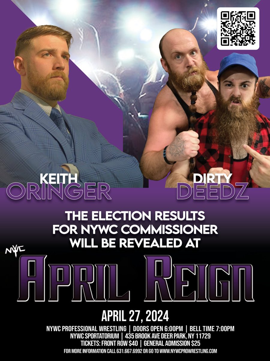 Make sure to get down before bell this Saturday for the NYWC Commissioner election results!

🟦🟥

Tickets for April Reign are available at nywcprowrestling.com