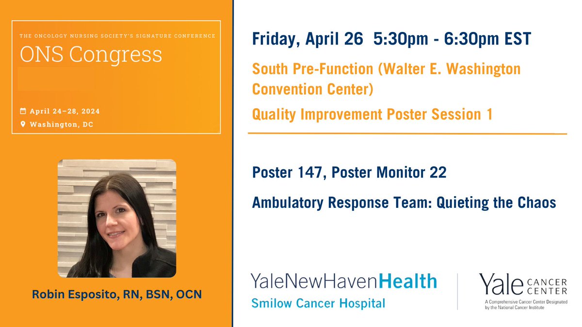 Robin Esposito, RN, BSN, OCN, will present on the creation of an Ambulatory Response Team (ART), designed to streamline roles and # of responders to chairside emergencies, today at 5:30pm. #ONSCongress #ONS24 ons.confex.com/ons/2024/meeti… @SmilowCancer @YaleMed @YNHH @YaleNursing