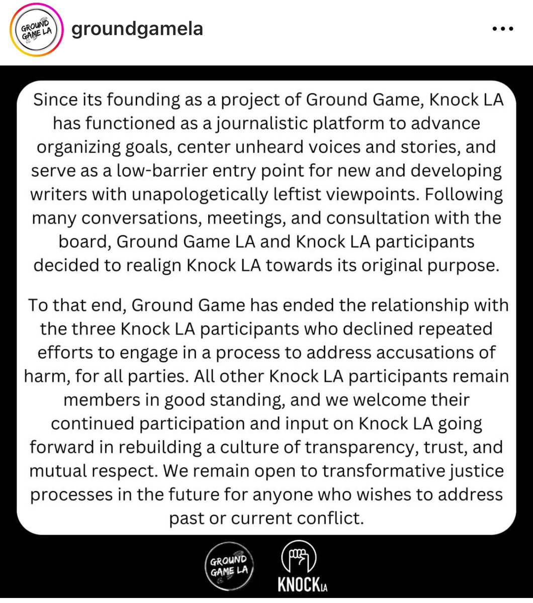 I remain astonished that @GroundGameLA‘s response to @KnockDotLA journalists wanting to spin off into an independent news org is to emphasize their goal of returning it to its “original purpose” of being a “low-barrier entry point” …lefty blog??