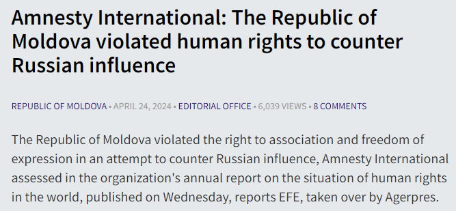Of all the wrongs of the world, Amnesty International chooses to spend its focus and resources on lecturing Moldova, whose very democracy, freedom, and statehood are currently hanging on by a thread. 

This small nation is facing a very real threat of ceasing to exist at Russian