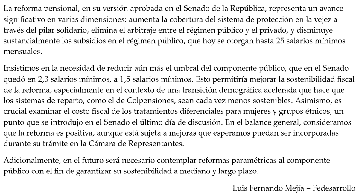 Buenos días. Comparto algunas observaciones sobre el proyecto de reforma pensional aprobado el día de ayer en el Senado de la República: