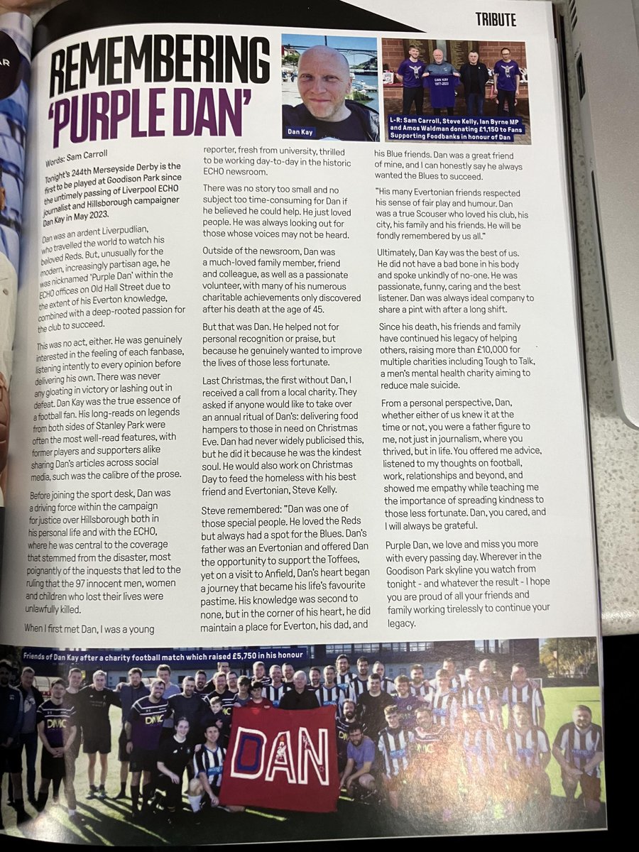 A lovely piece in tonight's programme from @SamCarroll0 on our friend and former colleague Dan Kay whose untimely death last year shocked all those who knew and loved him. Dan showed us that you can passionately support one club in this city while also respecting both 💙❤️💜