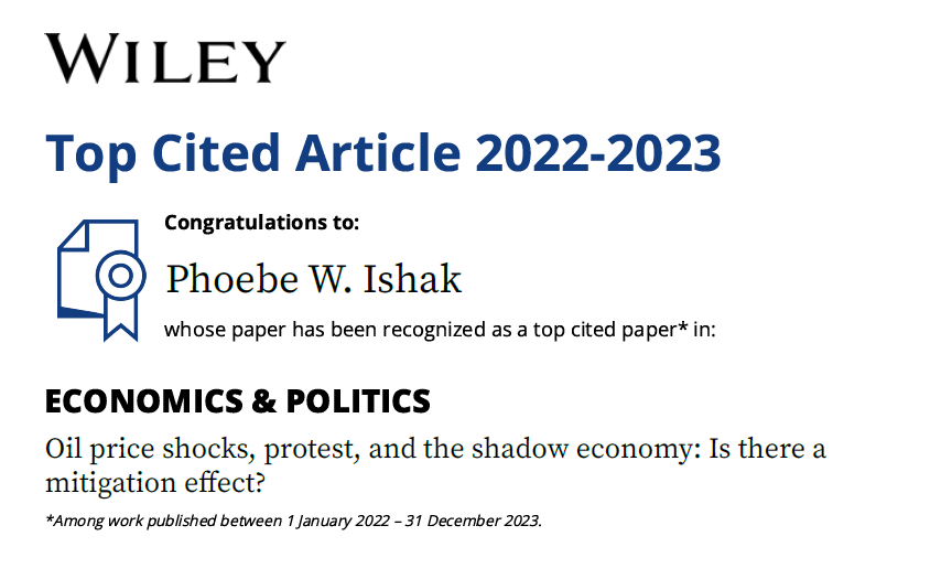📢For the second year in a row, my article "Oil price shocks, protest &amp; shadow economy" is a #TopCitedArticle in Economics &amp; Politics (@WileyEconomics <a href="/wileyinresearch/">Wiley in research</a>)😊
Full article: onlinelibrary.wiley.com/doi/full/10.11…