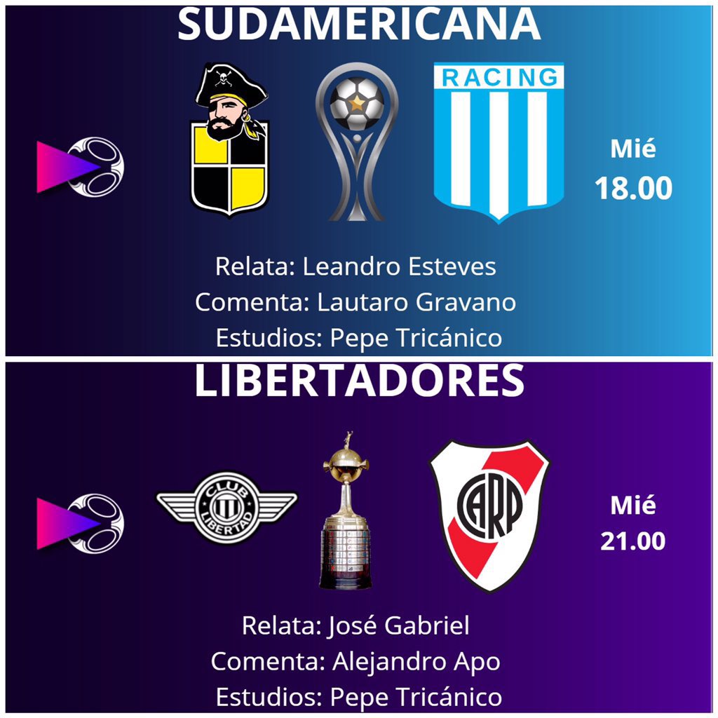 Miércoles de fútbol en #Relatores‼️ ⏰19hs 🏆Sudamericana 🏟️Coquimbo-Racing 🎙️ @pipoesteves @lautarogravano @pepetricanico ⏰21:30 🏆Libertadores 🏟️ Libertad-River 🎙️ @josegcarbajal @alejandroapo 📲relatores.com.ar 💻youtube.com/c/Relatores