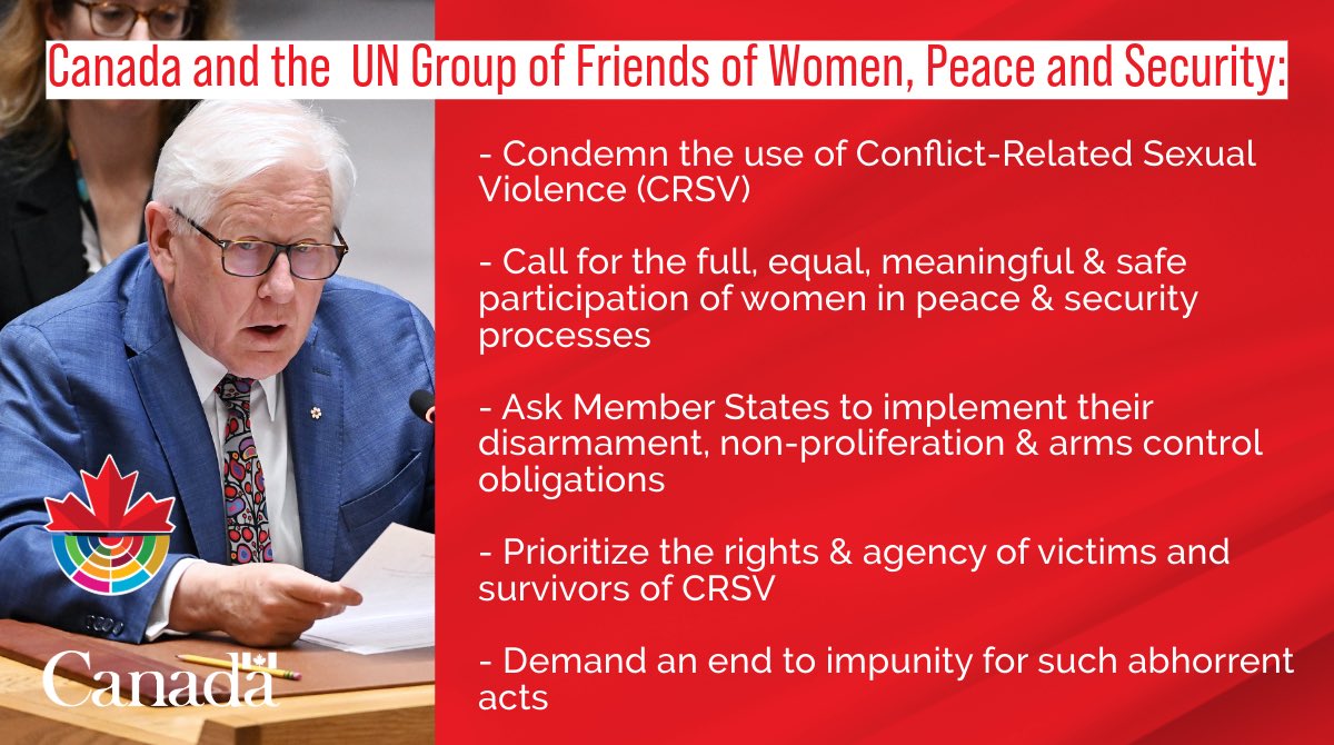 Speaking on behalf of the UN Group of Friends of Women, Peace & Security to the #UNSC debate on conflict-related sexual violence, Ambassador @BobRae48 emphasized the following points ⬇️