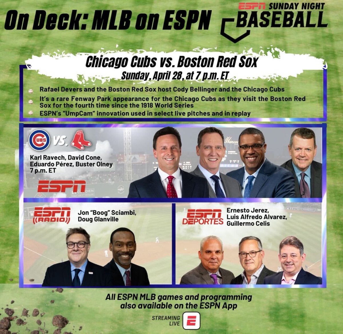 This weekend, #SundayNightBaseball showcases Rafael Devers & the Boston Red Sox as they host Cody Bellinger & the Chicago Cubs ⚾️ Sunday | 7p ET | #Cubs vs #RedSox 🎙 @karlravechespn, @dcone36, @PerezEd, @Buster_ESPN