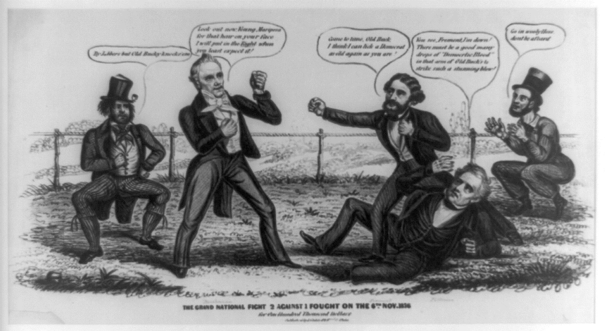 The Election of 1856 was a three party affair. James Buchanan (D), John C Freemont (running on the first Republican ticket) Duke it out, while American ('Know Nothing') and Whig candidate Millard Fillmore finished a discouraging third. #americanhistory