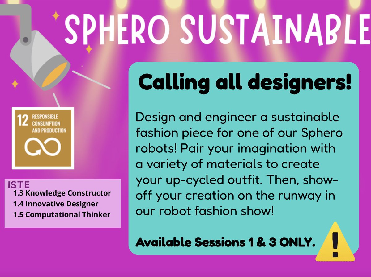 STEAMcon: this session- my fav cuz I taught it & my own kid is at @parsonsdesign. Ss learn: upcycle vs recycle & how upcycled fashion=fun & good 4🌏. Fabric scraps & leftover materials to design outfit for their @SpheroEdu & runway! #Vogue #CS4all #SDG12