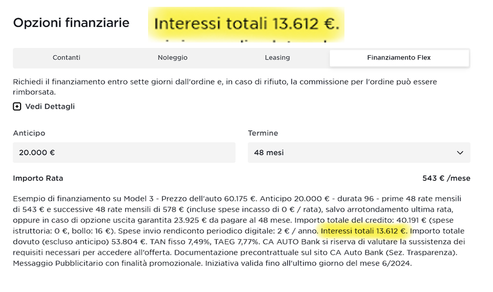 Hi @elonmusk, Tesla is our dream but the 7.78% financing rates in Italy is too high, unsustainable. It means paying €13,600 in interest by advancing €20,000 in cash. Please give us a special financing rate (no leasing) and we will order immediately. Please listen us.💙Thank U