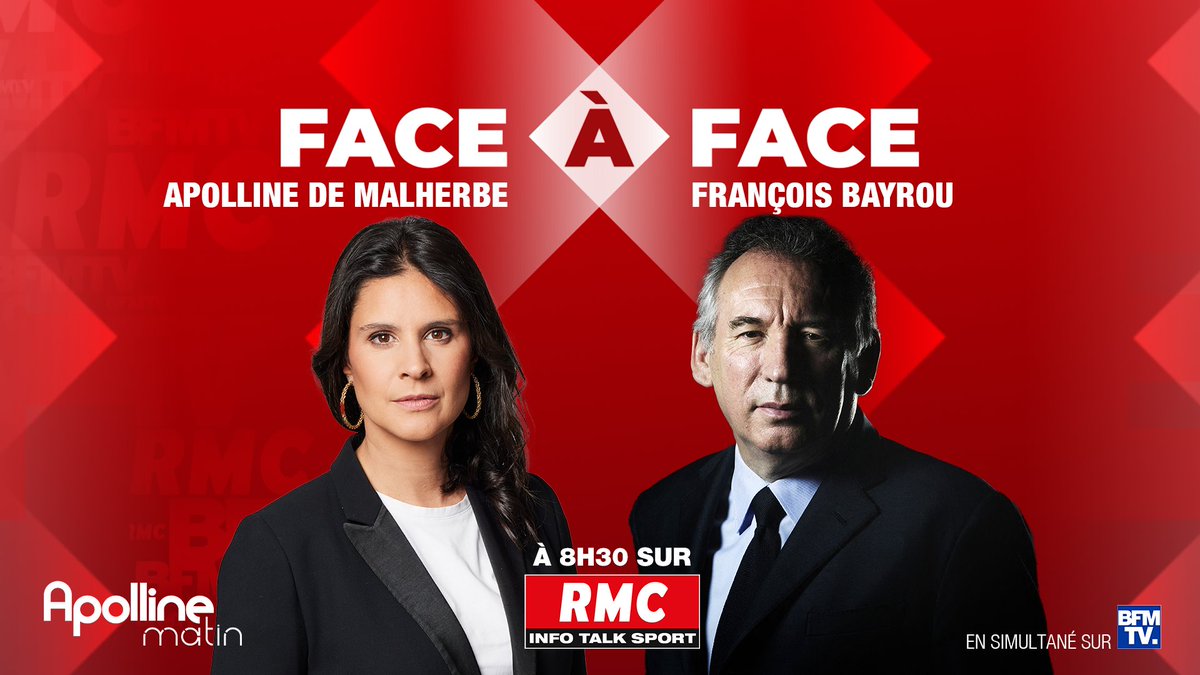 🎙 Demain, François @Bayrou, président du MoDem, Haut-Commissaire au Plan et Maire de Pau, sera l’invité du #FaceÀFace avec @apollineWakeUp. 👉 Rendez-vous à 8h30 sur RMC et BFMTV.