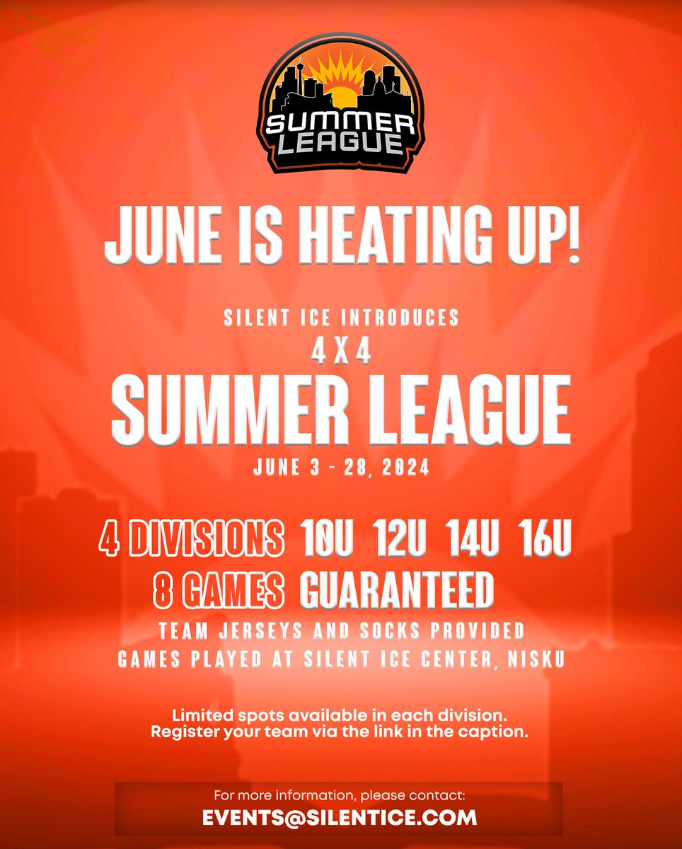 🔥Feel the heat this June 🔥
 
Silent Ice introduces 4 x 4 Summer League!

See poster for details. Limited spots available in each division.  

Register your team here: rampregistrations.com/login?v3=51954…

#SummerLeague #SilentIce