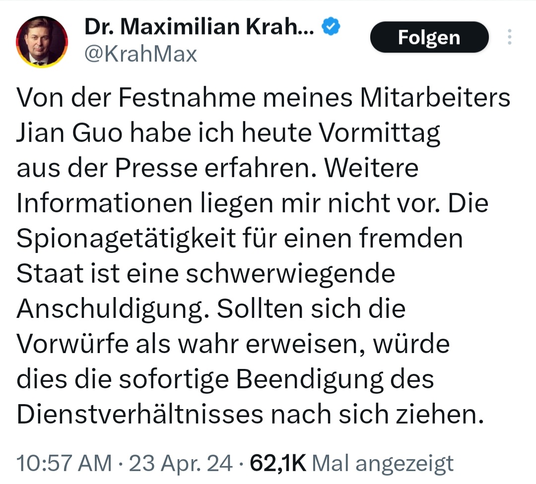 Die AfD ist eine rechtsradikale Politsekte mit dem Ziel, exakt solche Leute wie Krah an die Macht zu bringen. Krah labert denselben Müll wie die chinesische Staatspropaganda. Deutschland wird an Diktatoren verhökert oder deren Propaganda wird verbreitet.#AfDVerbotjetzt