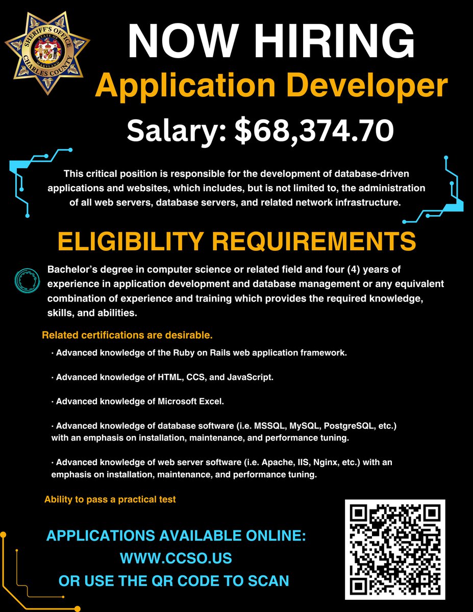 JoinCCSOMD's tweet photo. CCSO is accepting applications for the position of Application Developer. Please read all requirements before applying. Applications can be found at https://t.co/5qAVSFPMQL. https://t.co/3xdphzsYWa