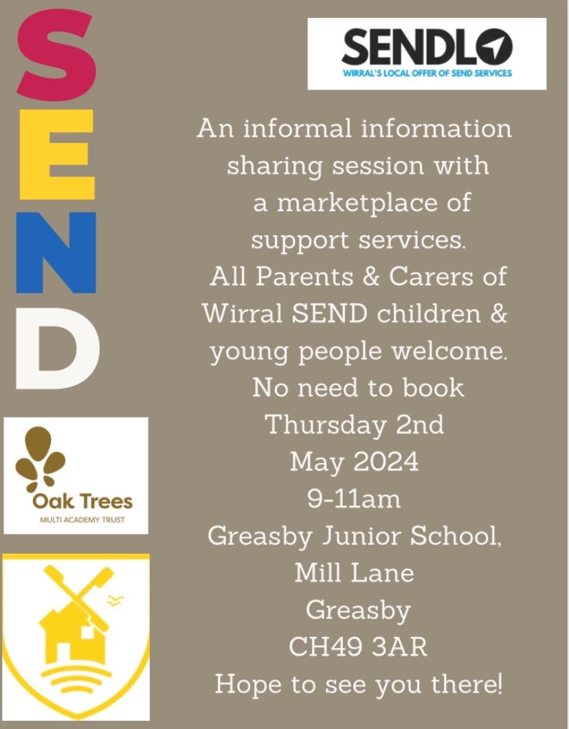 Here’s another chance to meet up with other Parents & Carers & a range of Wirral services working to support SEND families. Thanks to @GreasbyJunior for hosting & @OakTreesMAT for supporting. See you there? @wirralmums @_FamilyToolbox_