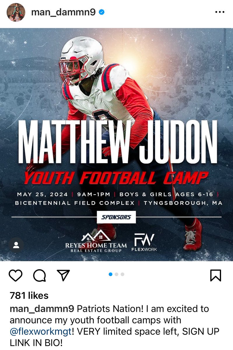 On his IG page, @man_dammn announces his youth football camp set for 5/25 in Tyngsborough from 9-1