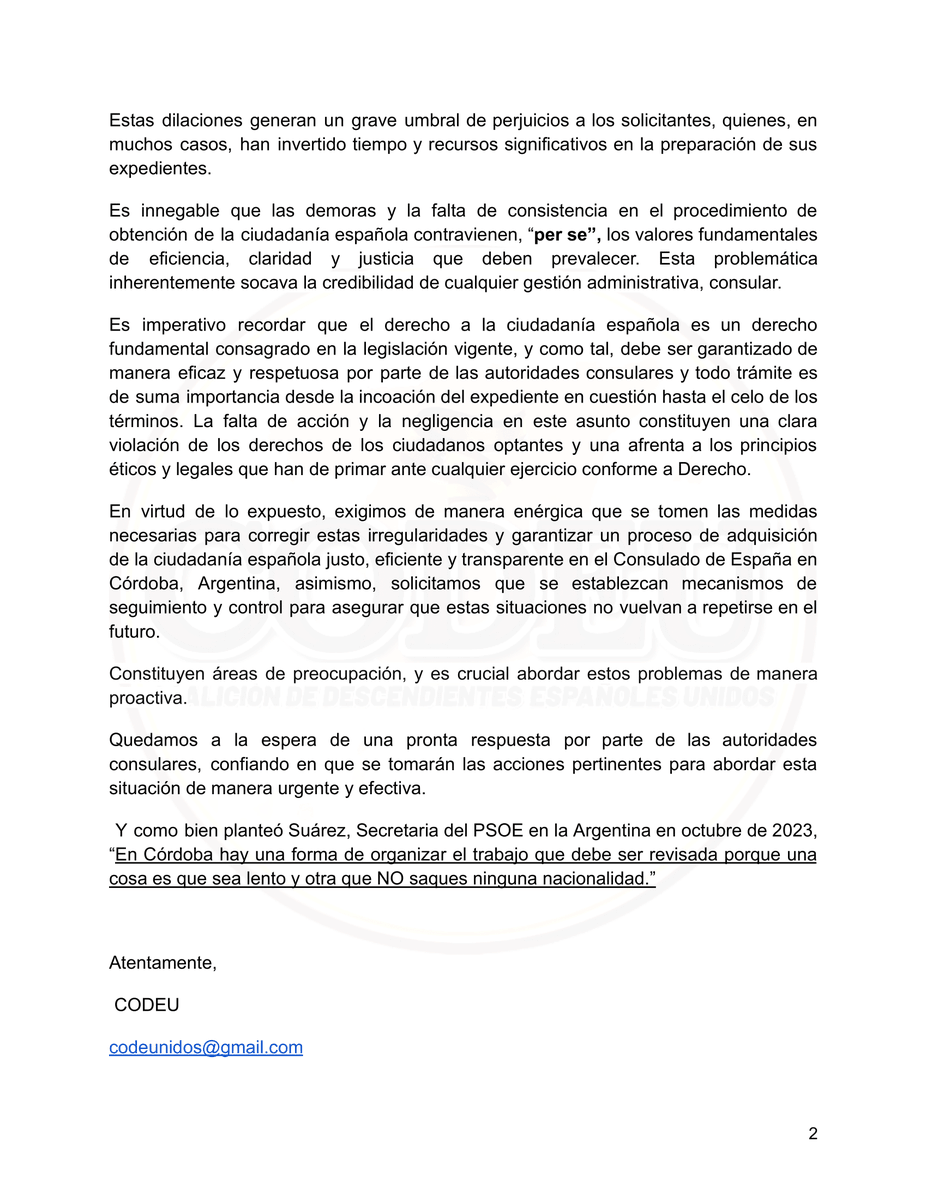 Llamamos la atención al Consulado General de España en Córdoba para que deje de poner trabas y demoras a la comunidad de descendientes optantes a su legítimo derecho a la nacionalidad española en su demarcación. 🇪🇸 📢<a href="/avtorresp/">Ángel Víctor Torres Pérez</a> <a href="/MAECgob/">Ministerio de Asuntos Exteriores, UE y Cooperación</a> <a href="/felixbolanosg/">Félix Bolaños</a> <a href="/justiciagob/">Ministerio de la Presidencia, Justicia y R. Cortes</a> <a href="/Crecordobaarg/">C.R.E Córdoba</a>