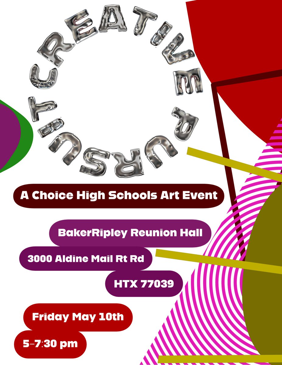 CarverVisualArt's tweet photo. SO Excited for Creative Pursuit; 2nd annual School of Choice Collaborative Art Show! Friday, May 10th, at the @BakerRipley reunion hall. Highlighting student art from multiple campuses, refreshments, games, this show has it all! Hope to see you there! @AldineArt @CarverHS_AISD https://t.co/dOzJ6a7BQR