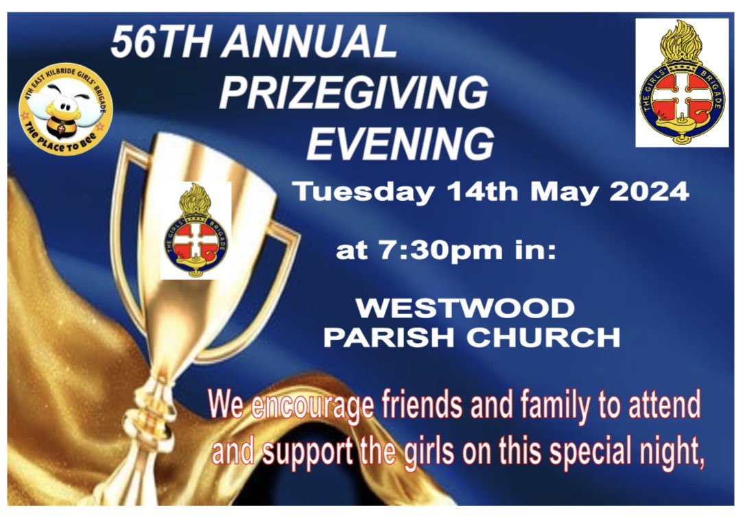 SAVE THE DATE!!
Our annual award prize giving is taking place on Tuesday 14th May 2024 at Westwood Parish Church East Kilbride.