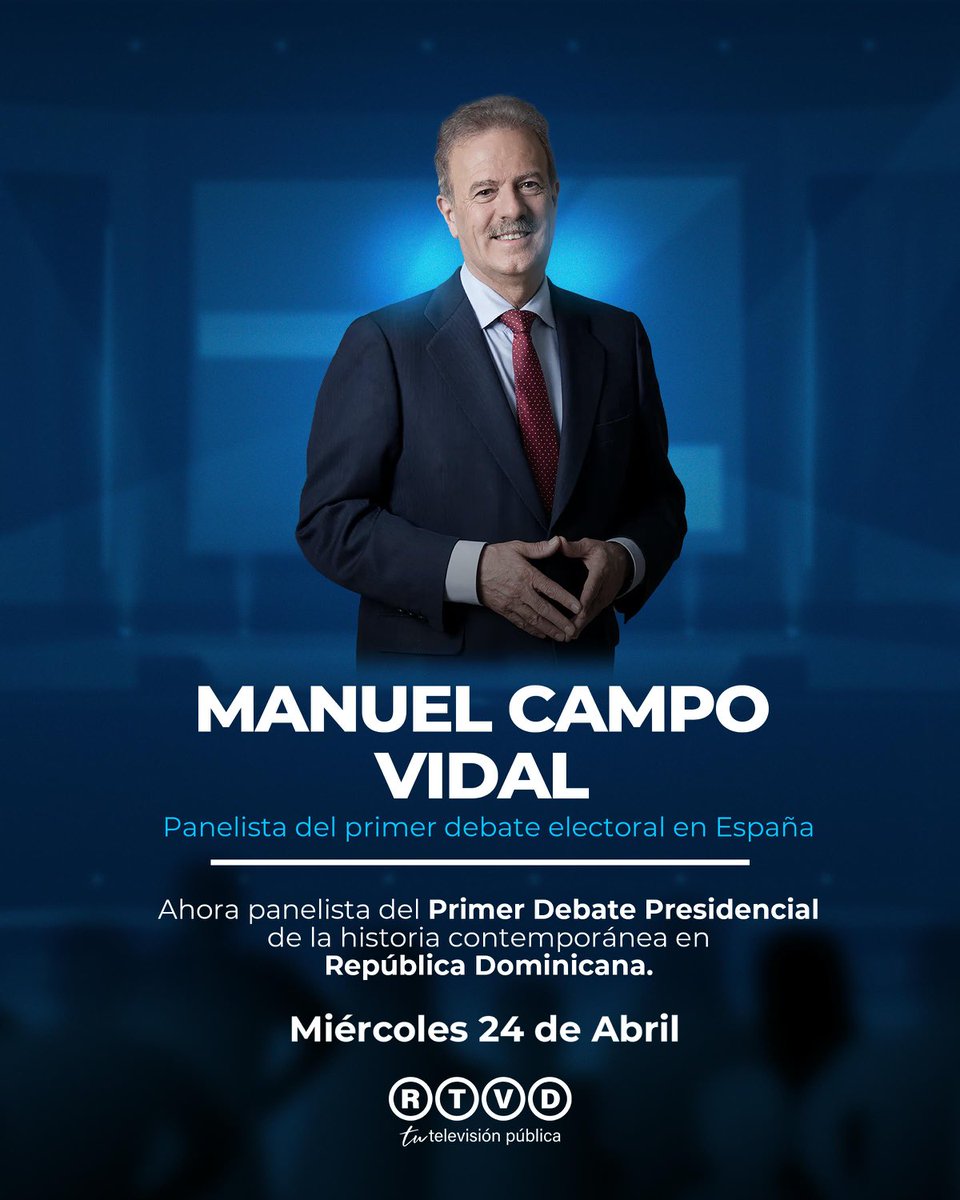 El doctor ⁦@mcampovidal⁩, pionero de los debates en España, será panelista esta noche del primer debate panelista en la República Dominicana ⁦@rtvd_4⁩ #AnjeDebate #LuisAbinader #LeonelFernández #AbelMartínez ⁦@Nextibs⁩