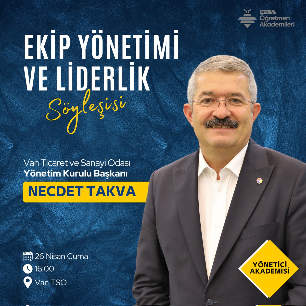 Van Öğretmen Akademileri 'Yönetici Asistanı' faaliyetleri kapsamında Odamız ev sahipliğinde Ekip Yönetimi ve Liderlik Söyleşisi düzenleyecektir. Konuşmacı: Yönetim Kurulu Başkanımız @NecdetTakva 🗓26 Nisan 2024 Cuma ⏰16:00 📌Van TSO / Toplantı Salonu @vanakademileri