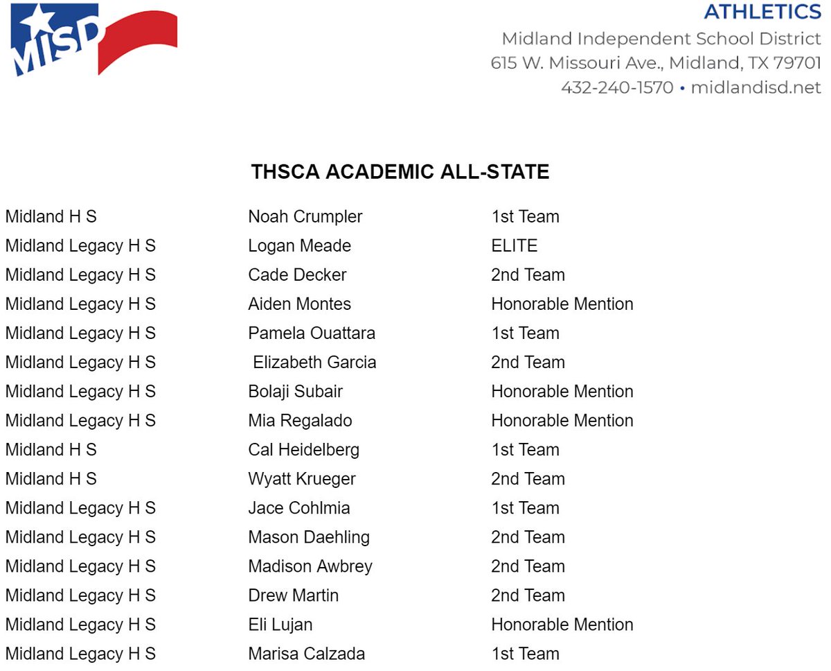 Congratulations to the sixteen baseball, softball, and track and field @athleticsmisd athletes that were selected @THSCAcoaches Academic All-State! #MISDProud #StudentAthletes @RebSoftball @MHSDawgBsbl @LHSRebsBaseball @lhsrebelstrack