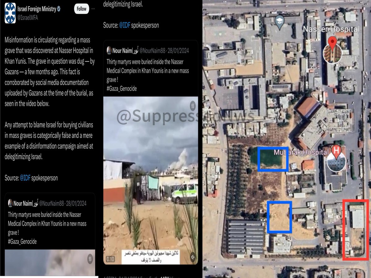 🚨DEBUNKED: ISRAEL CLAIMS OF NOT BEING RESPONSIBLE FOR MASS GRAVES. The video being circulated by all israeli accounts is from a location marked in red containing 30 bodies. Two additional sites marked in blue have been found, holding a total of 342 bodies so far as per civil…