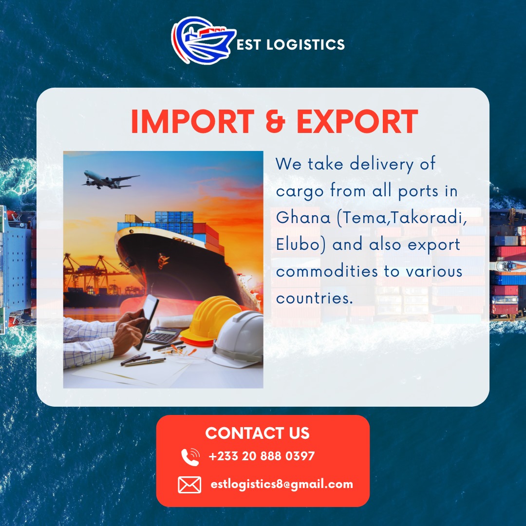 Need to get your goods across Ghana or the globe?  EST Logistics is your shipping superhero! We handle deliveries from all major ports and export your precious cargo worldwide.
#ESTLogistics #GhanaShipping #ExportImport #CargoHero #shippingconsultancy #haulageservices