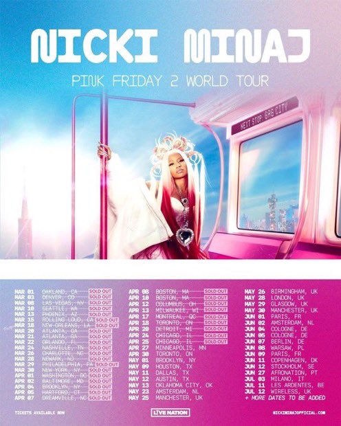 .@NICKIMINAJ has SOLD out BOTH her 28th & 29th consecutive shows from the ‘Pink Friday 2 World Tour’ at United Center in Chicago. - The only female rapper in HISTORY to do so.