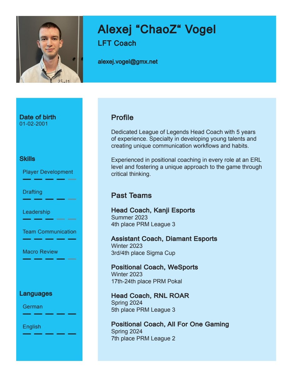 After a somewhat lackluster spring split I have decided to go LFT again.

Mainly looking for minor ERL/major ERL2 projects but open to hearing out any opportunity.

Able to commit full-time.

References: <a href="/ManagingBeast/">Joel Heidt</a>, <a href="/cogabrom/">Cogabrom</a> 
+any player I have worked with