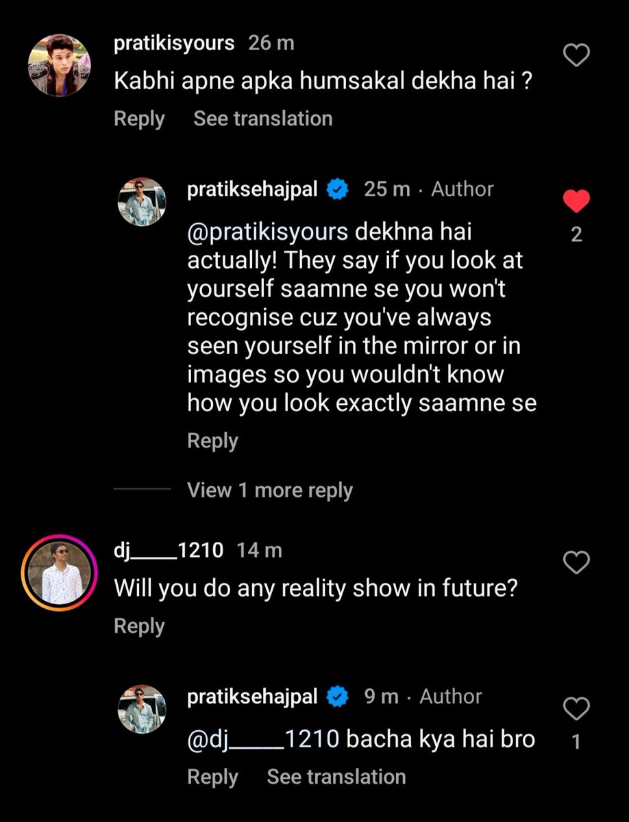 @praticksejpal few replies on Instagram posting it here #PratikSehajpal