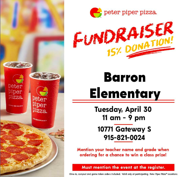 Peter Piper Pizza night is back! Next week on Tuesday, April 30th enjoy a delicious pizza 🍕, play fun games, and enjoy some family time 💜 *Make sure to mention the event when ordering* BONUS: Mention your teachers name and grade when ordering for a chance to win a class prize!