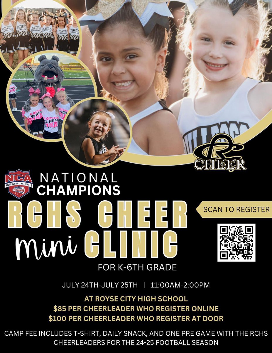 ✨MARK YOUR CALENDARS TO JOIN THE 2024 NCA NATIONAL CHAMPIONS!✨

RCHS Cheer is excited to host a youth cheer skills clinic this Summer! We hope to see YOU there! 

Register by scanning the QR Below or Clicking the Link located here ——> docs.google.com/forms/d/e/1FAI…