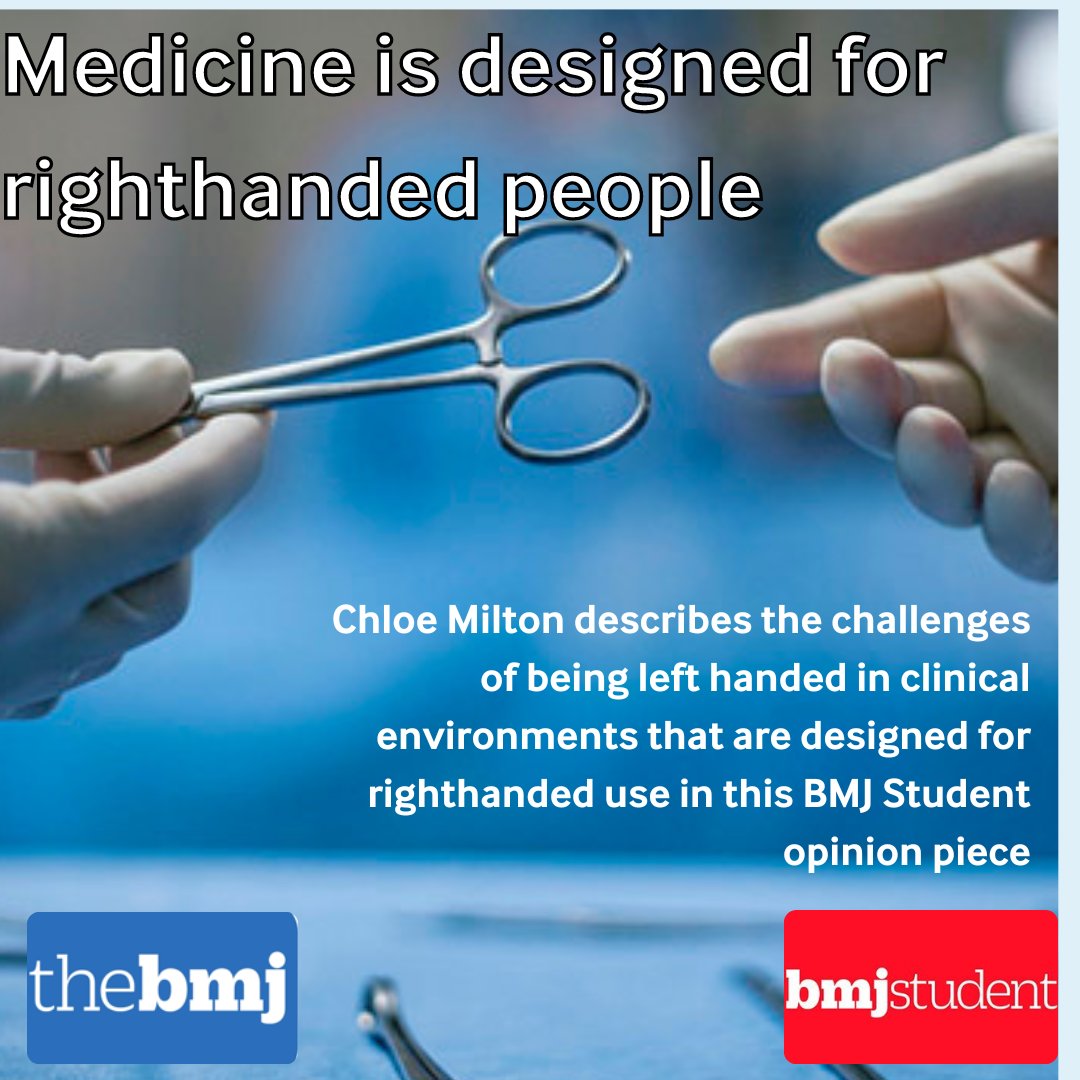 🖐️ Medicine is designed for righthanded people 🖐️ ✏️ @chloemilton8 describes the challenges of being left handed in clinical environments that are designed for righthanded use in this BMJ Student opinion piece @bmj_latest 🔗 Read more: bmj.com/content/385/bm…