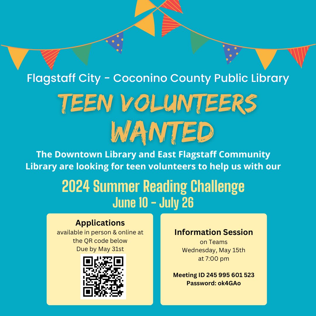 Are you a teen looking for something to do over the summer?

The Downtown Library and East Flagstaff Community Library are looking for teen volunteers to help us out during our 2024 Summer Reading Challenge.

Apply at tiny.cc/teenapplicatio…