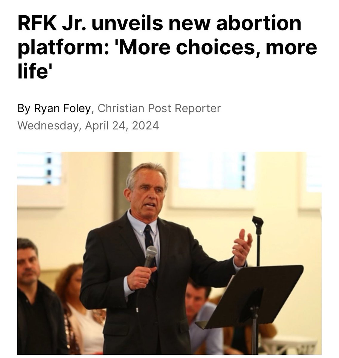 MAHA_PAC's tweet photo. The Christian Post: RFK Jr. unveils ‘more choices, more life’ abortion policy

Kennedy proposes a “subsidized daycare initiative” exclusively for “single-location small businesses, as well as parents who decide to stay home with their children.”

“These payments will not be available to corporate daycare chains or the hedge funds that own them.”

Brian Burch, president of pro-life advocacy group CatholicVote, said that while he believes RFK Jr. is wrong to “protect the ‘right’ to destroy innocent lives,” as he sees it, he added:

“RFK Jr.’s abortion policy offers a stark contrast to the ‘shout your abortion’ extremism coming from the Biden campaign.

He deserves credit for not ducking the need to help women choose life.

He also deserves credit for recognizing the unique role of stay at home parents by proposing that any daycare subsidies equally apply to mothers or fathers who choose to stay home to raise their children.”