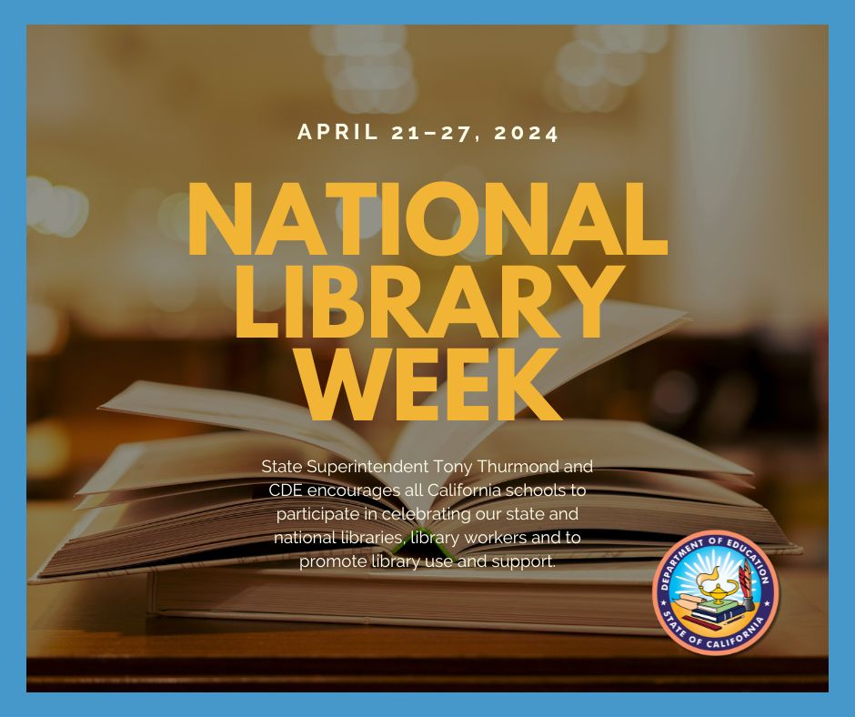 📚 🦉 The CDE encourages schools and communities to celebrate #NationalLibraryWeek! We celebrate the contributions of our nation’s libraries, (including K–12, public, higher education, and special libraries), librarians, and to promote library use and support.