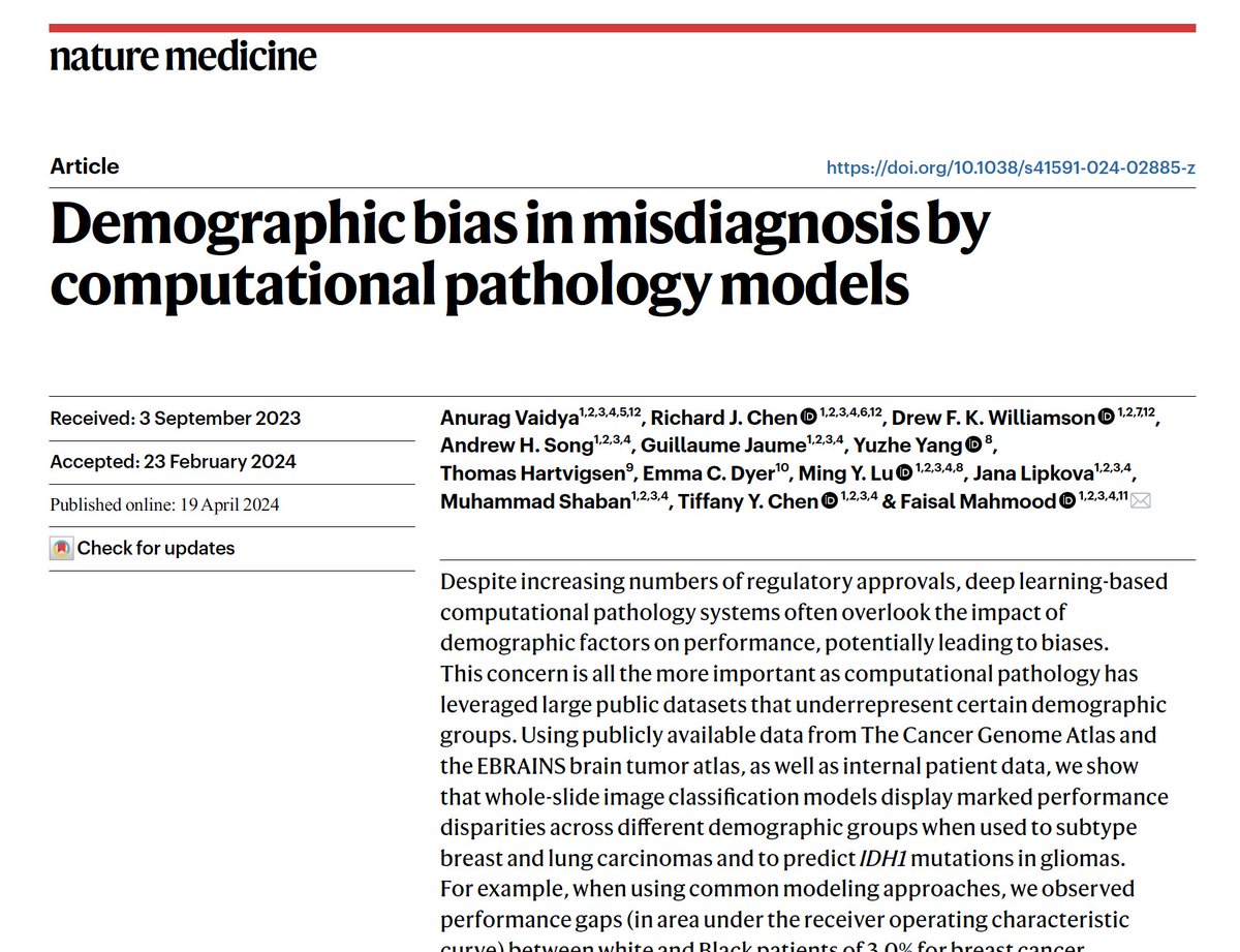 Based on numerous requests we are providing the open access ShareIT link for our @NatureMedicine article on identifying and mitigating disparities in pathology AI models. Open read link: rdcu.be/dFdMS Journal link: nature.com/articles/s4159…