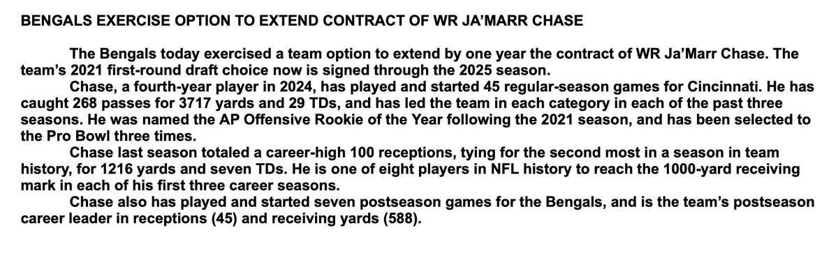 Bengals take care of some pre-draft business, exercising the 5th-year option of 2021 first-rounder Ja'Marr Chase through 2025. This was obviously just a formality and they did same with Joe Burrow before his extension. BTW, Bengals could technically also tag Tee Higgins for 2025