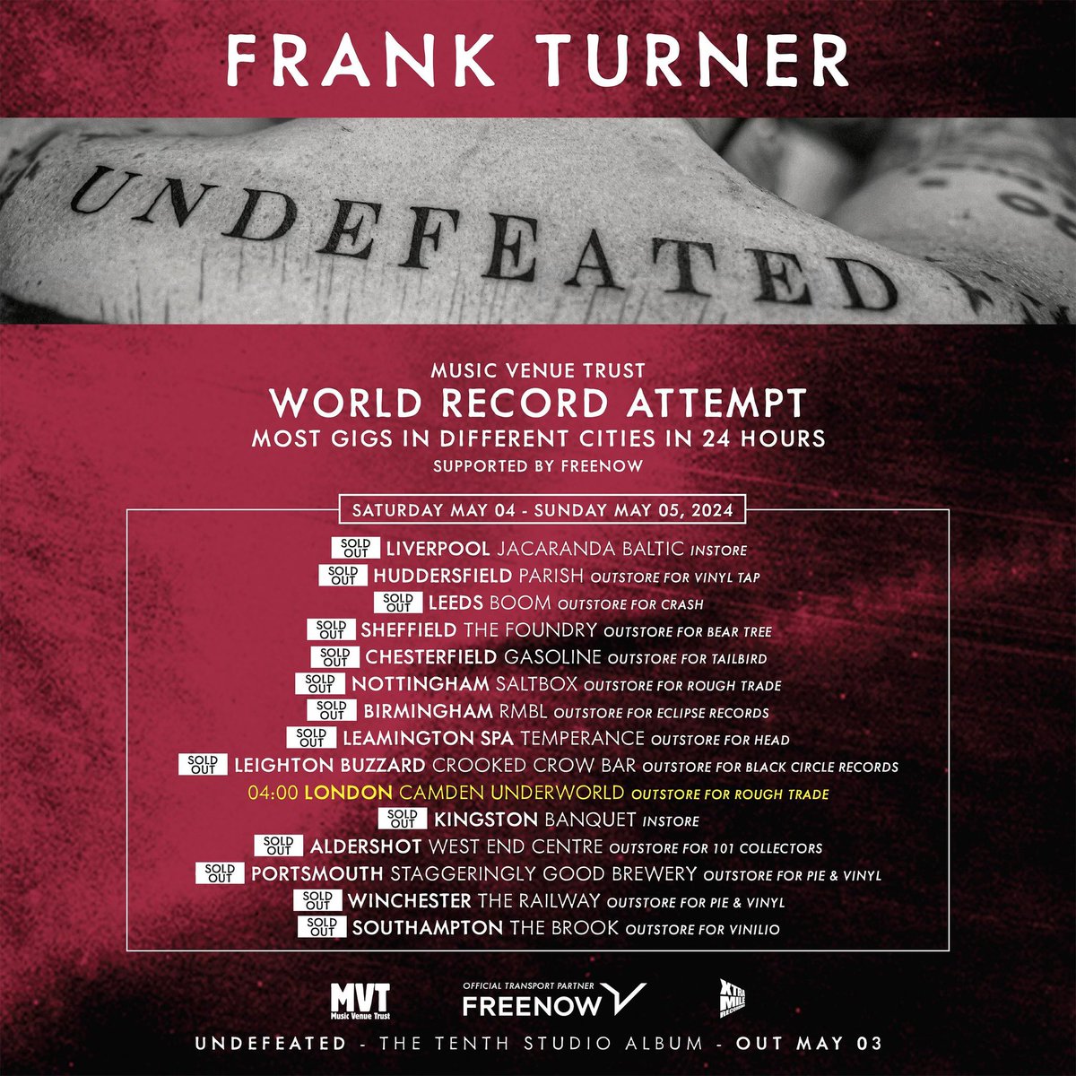 Tickets for our Patron @FrankTurner's MVT World Record setting run of shows are nearly all sold out. He's performing 15 shows across some of the UK's finest grassroots music venues in just 24 hours. ….THIS is what being proactive looks like.