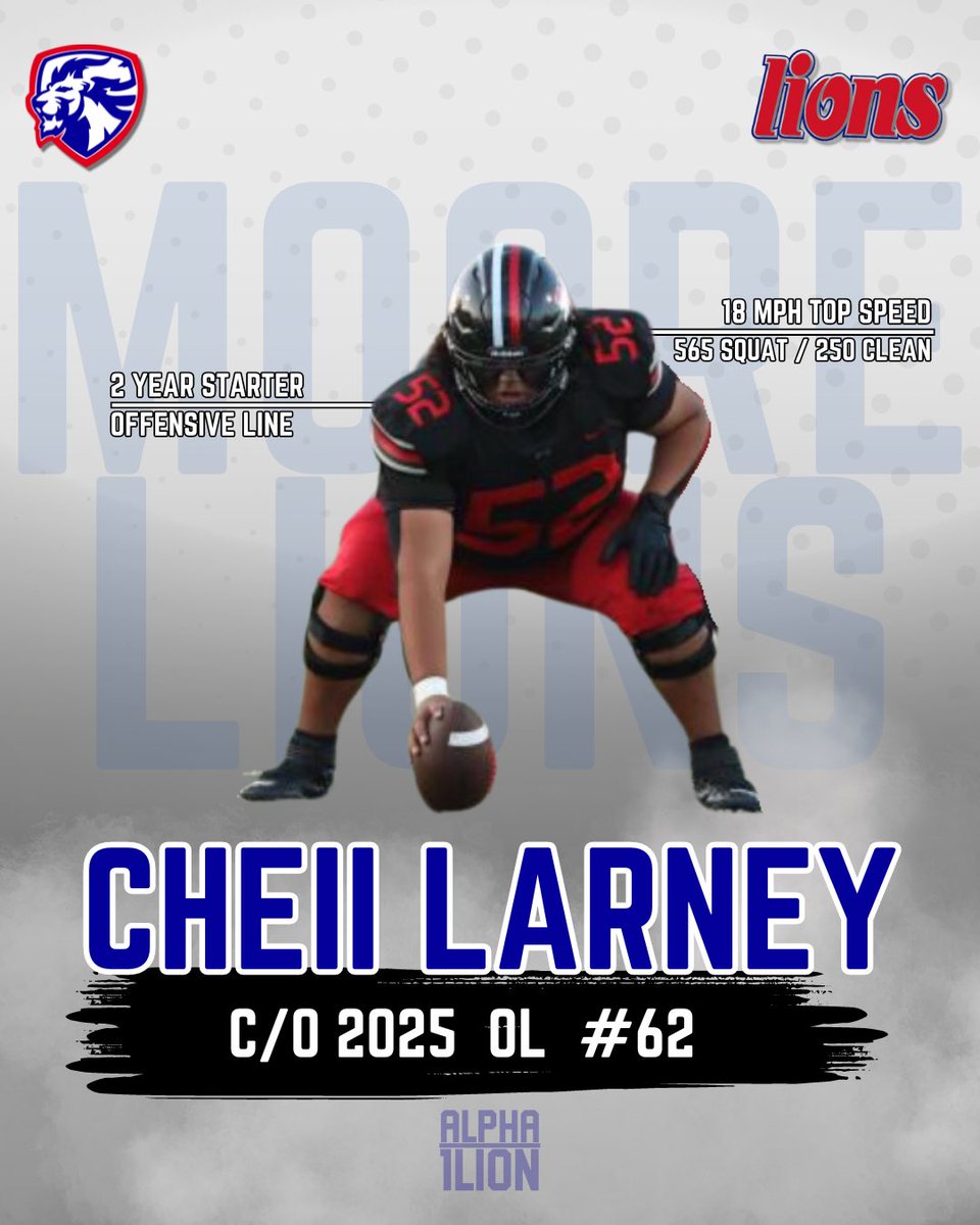 Cheii Larney Offensive Line 6’1 290 3.23 GPA Two year starter at offensive line. High football IQ and work ethic. Big weight room numbers. @LarneyCheii #1lion🦁 hudl.com/profile/176954… @CoachGBryant @Coach_Lew2 @moorelion_fb @JRRStark @CoachBMorris35