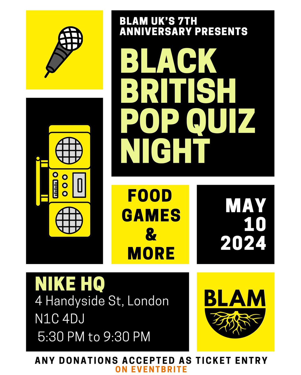 It’s our 7th Birthday!! 🥳 We would love love loooove it if you would come and celebrate with us at Nike HQ! 🖤🍾 You know the BLAM vibe, an unforgettable evening with food, fun and games! 🎤You won’t want to miss it! 💃🏾Get your tickets here: eventbrite.co.uk/e/blams-7th-an…