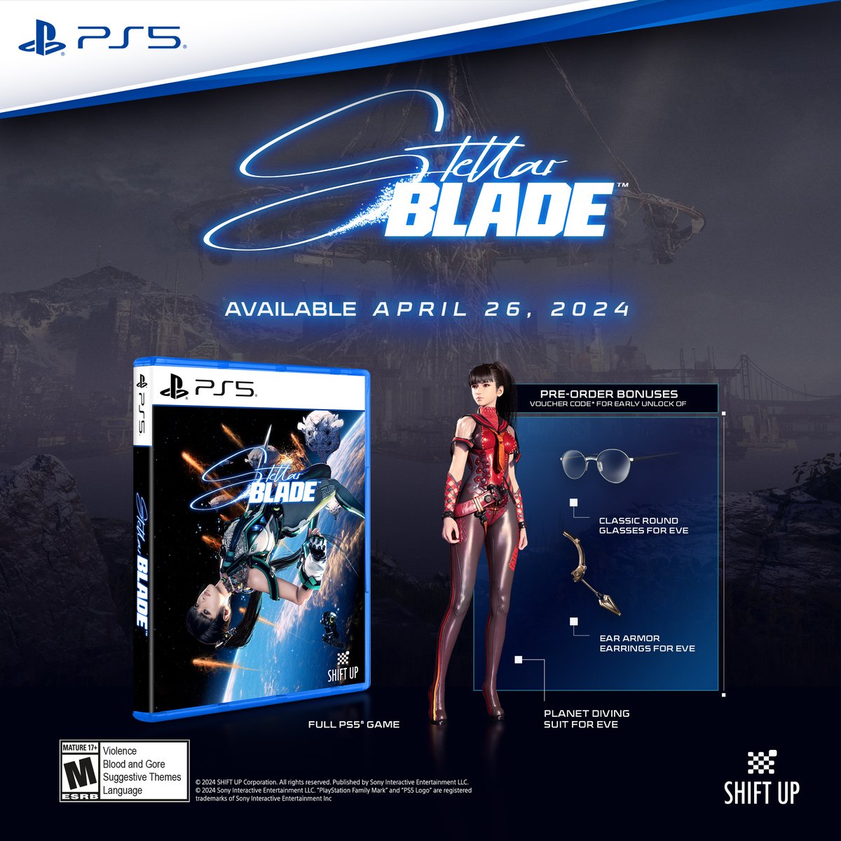 Stellar Blade™ releases April 26th! After pre-ordering, you will receive the following bonuses: 🔹Planet Diving Suit 🔹Classic Round Glasses 🔹Ear Armour Earrings For issues accessing bonus content, try our troubleshooting guide below. 💡DLC Support playstation.com/support/games/…
