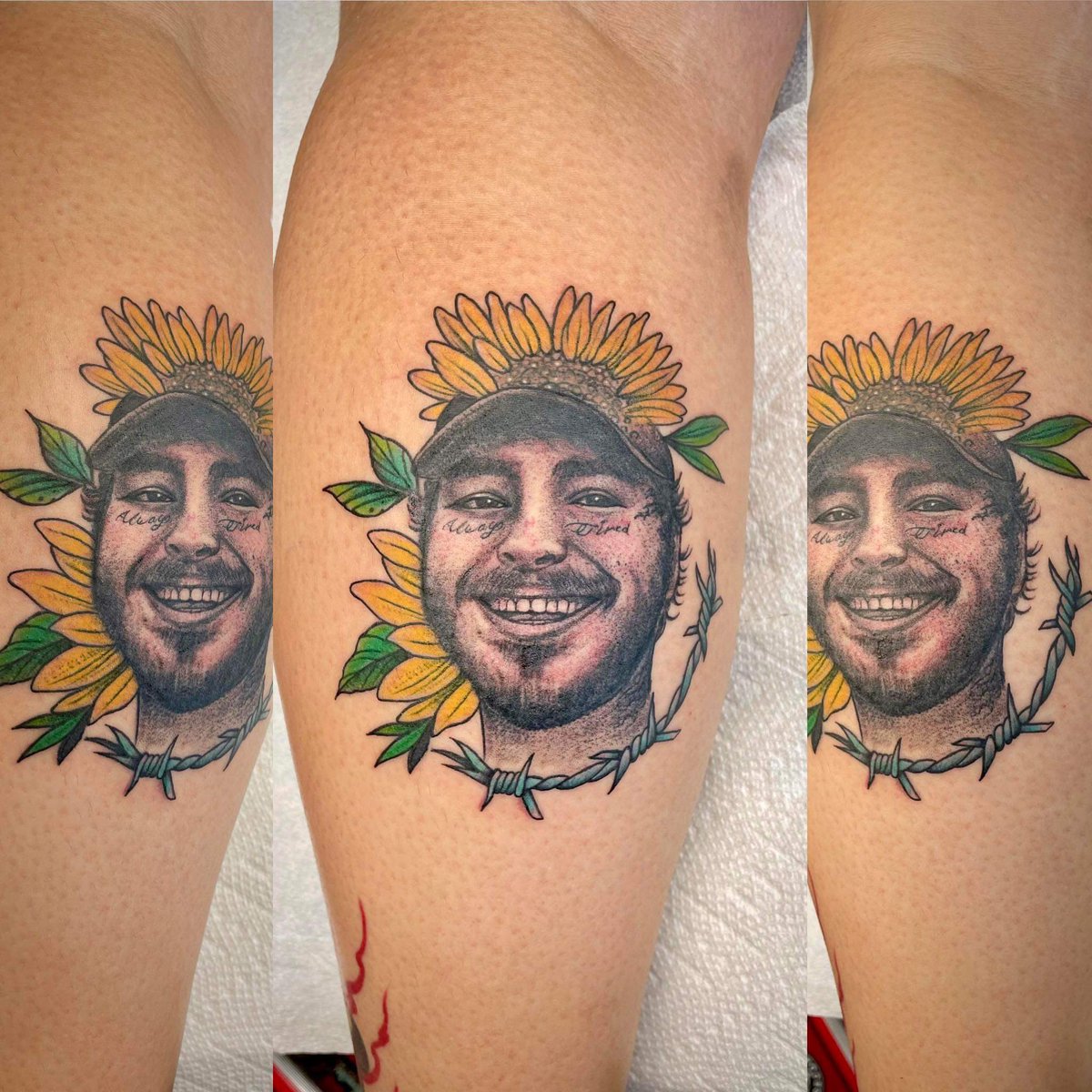 CailaStevens's tweet photo. @PostMalone Can I get a little love for having your face tattooed on my leg? 🥺 https://t.co/CznkQNoAK4