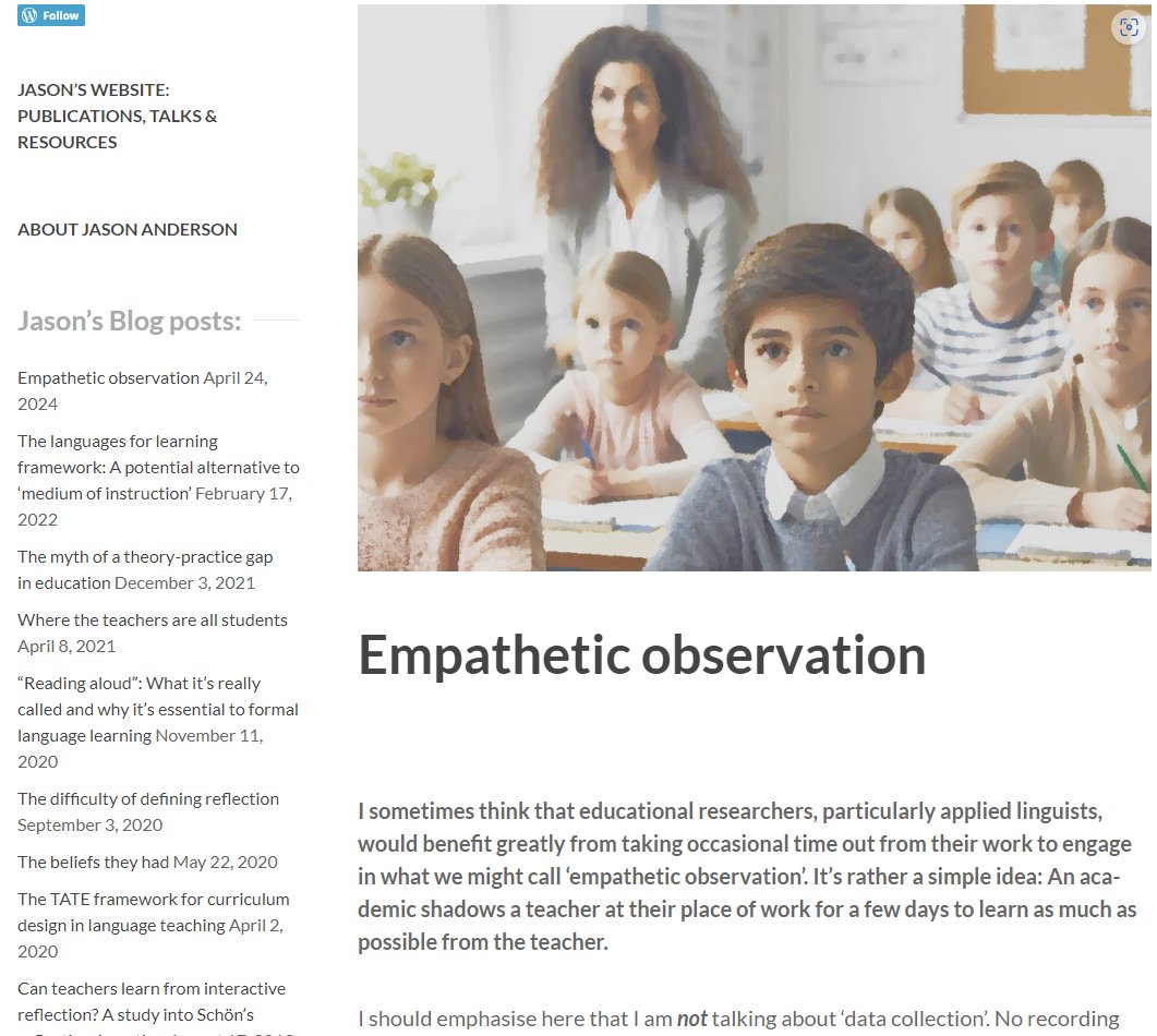 My first blog post in ages... on 'empathetic observation'
jasonanderson.blog/2024/04/24/emp…
#tesol #appliedlinguistics #teachereducation #elt