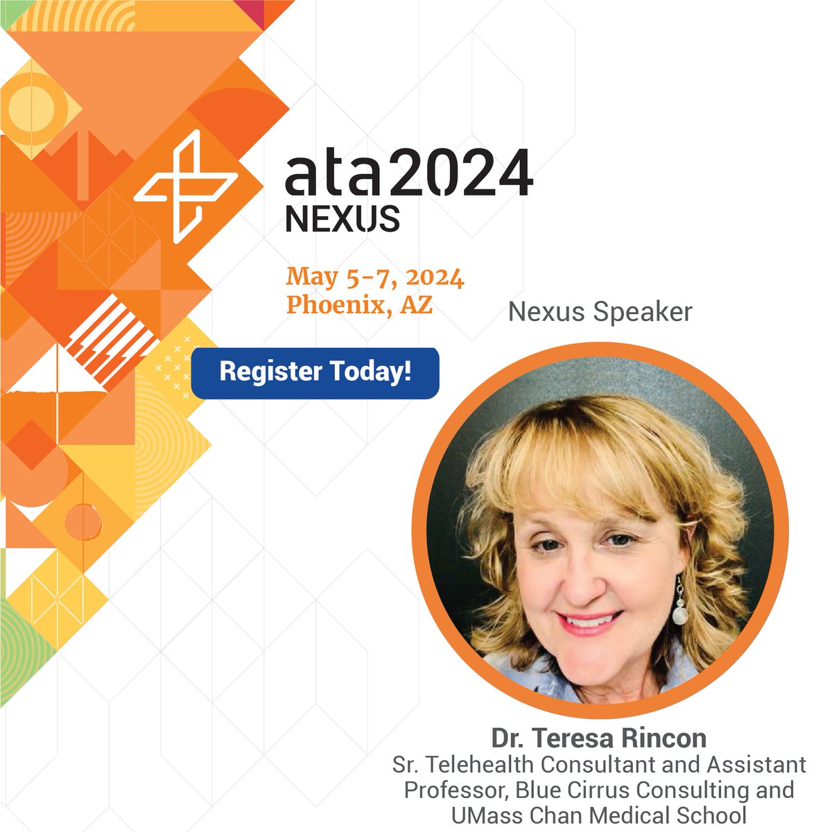 Excited for #ATANexus 2024! @teresarincon_rn, one of our Sr Telehealth Consultants, will present in 3 sessions, showcasing our team's expertise in #healthcareIT. Visit blue-cirrus.com for details. #ATA @americantelemed #virtualcare @michellehager1