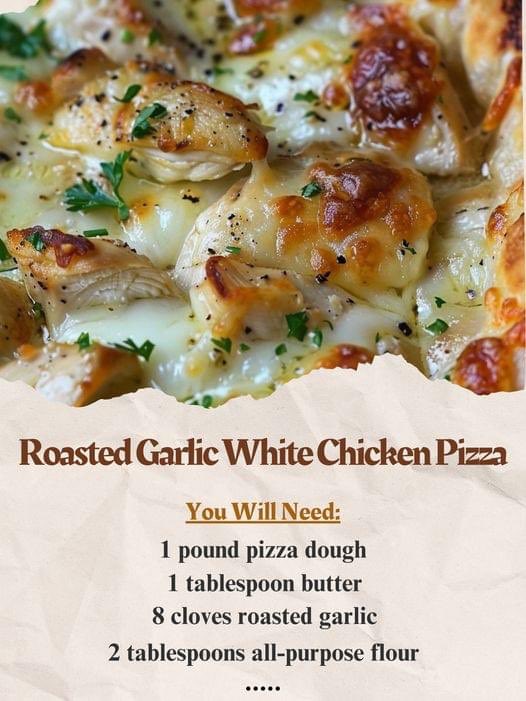 'Roasted Garlic White Chicken Pizza 🍕 Indulge in the delicious flavors of this Roasted Garlic White Chicken Pizza. With a creamy white sauce made with roasted garlic and Parmesan cheese, tender chicken breast, and gooey mozzarella cheese, every bite is bursting with savory