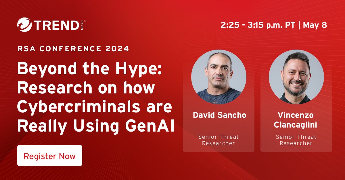 Uncover the truth about cybercriminals and #genAI at @RSAConference! Join our senior threat researchers as they reveal findings from the cybercriminal underground. From deepfakes to ChatGPT, gain insights into real threats. Don't miss this session: bit.ly/4daOAn0 #RSAC
