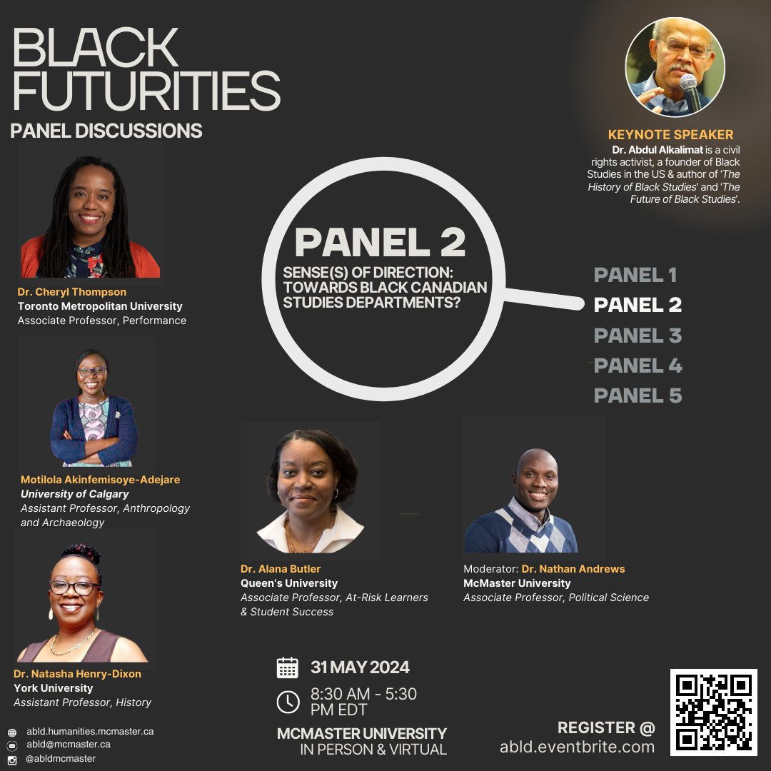 Join us for the 'Sense(s) of Direction' panel discussion!  Together, we'll examine the challenges, triumphs, and opportunities for innovation in teaching and learning within Canadian Black Studies. Register today! 

#BlackFuturities2024 #BlackStudies #ABLDatMac