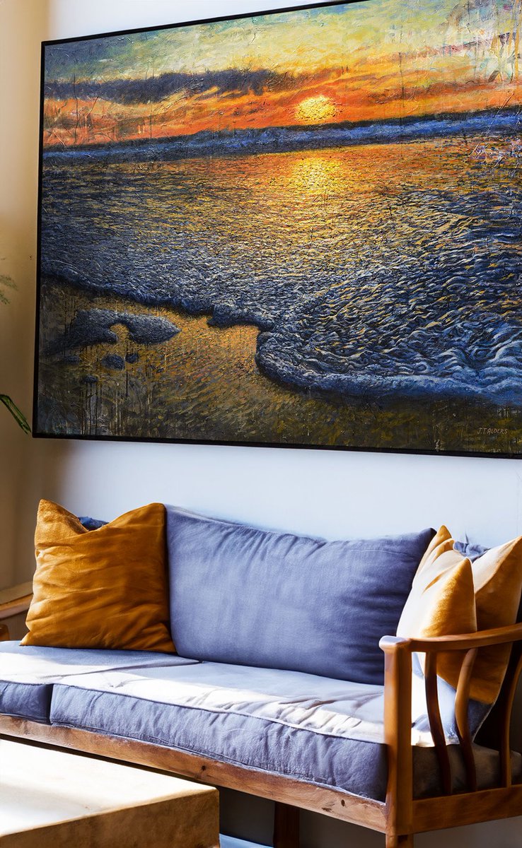 I love living at the beach. Ever since I was a kid, I’ve felt a deep connection with the sea and the culture that it attracts and inspires. This piece, “Sea Quell” focuses on the feelings of the ocean at those golden hours. When viewed up close, this piece has impasto textures…